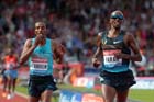 Mo Farah (GB) celebrate after outsprinting Yenew Alamirew (Eith) in the 5000 metres at the IAAF Diamond League, Birmingham.